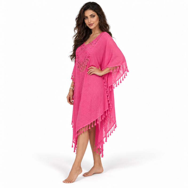 Rose Red Crochet Tassel Women’s Kaftan-2