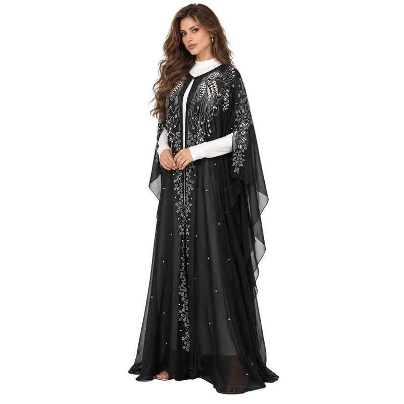 Black Embellished Chiffon Butterfly Sleeve Kaftan-3
