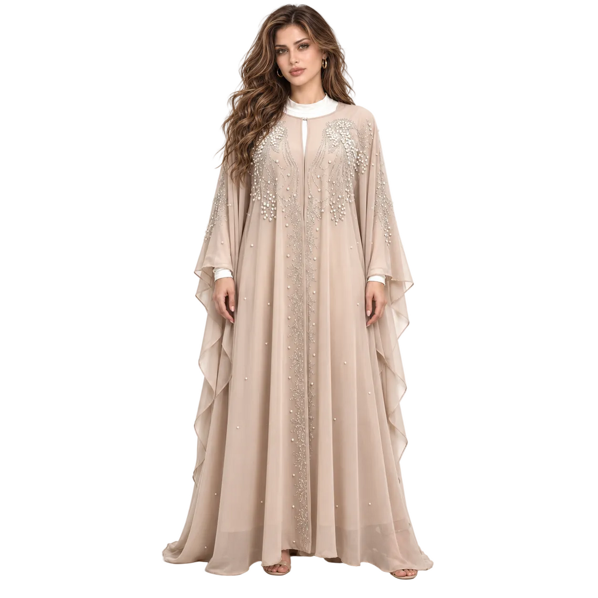 Beige Pearl Embellished Chiffon Luxury Kaftan-1