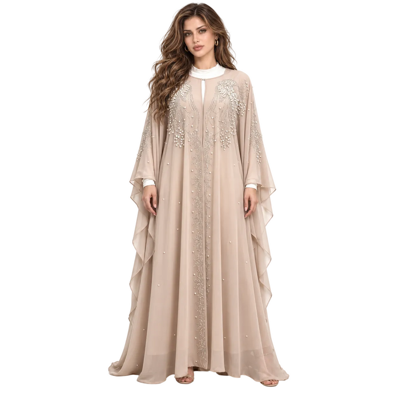 Beige Pearl Embellished Chiffon Luxury Kaftan-1