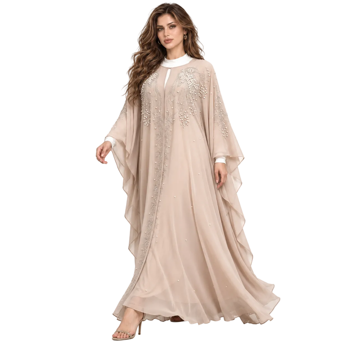 Beige Pearl Embellished Chiffon Luxury Kaftan-3