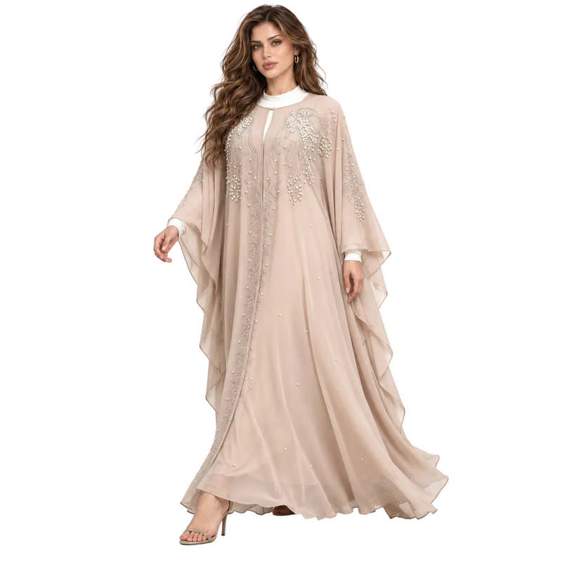Beige Pearl Embellished Chiffon Luxury Kaftan-3