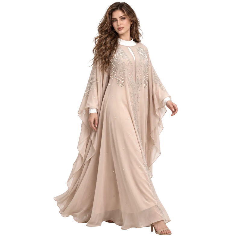 Beige Pearl Embellished Chiffon Luxury Kaftan-2