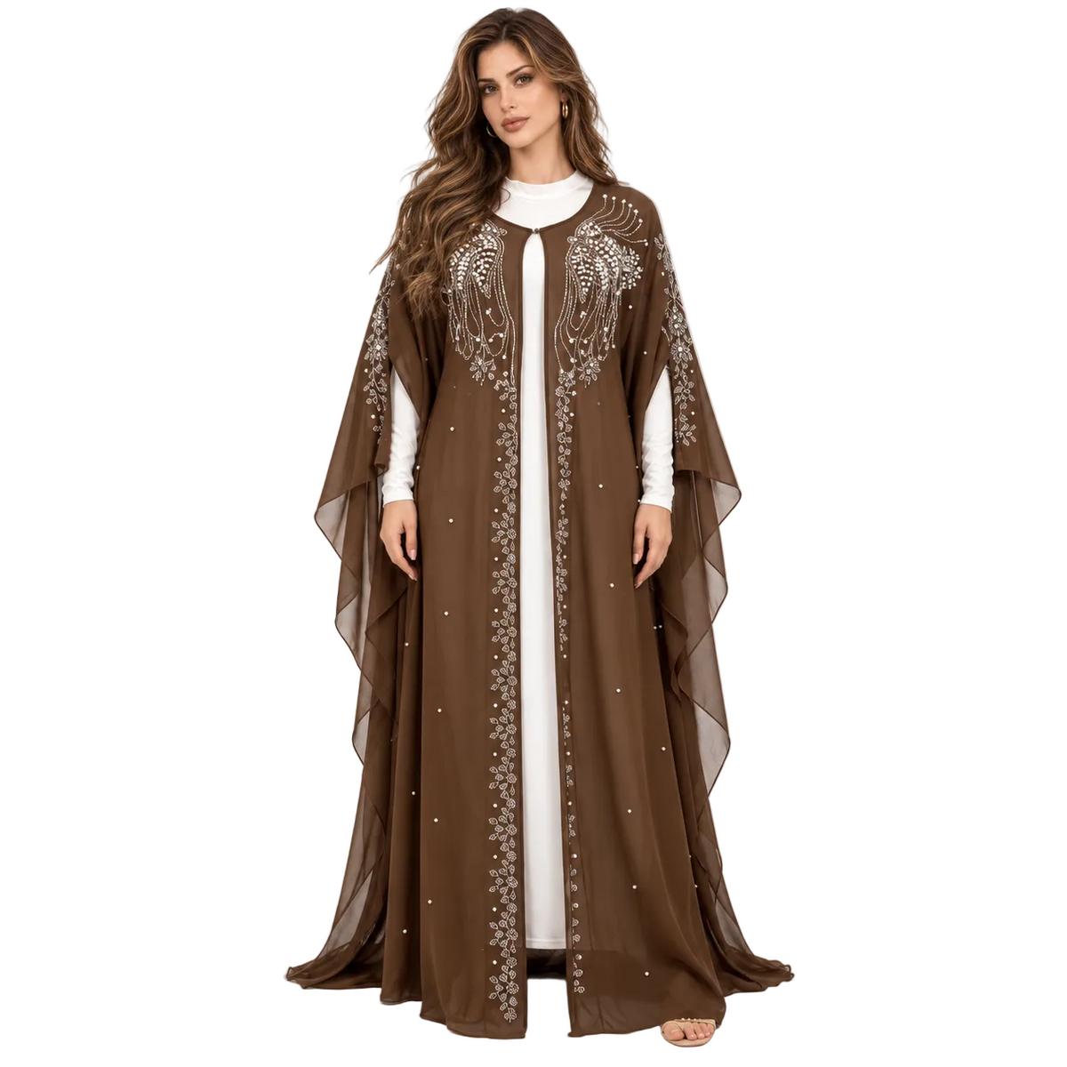 Elegant Coffee Embellished Flowing Kaftan Dress-1