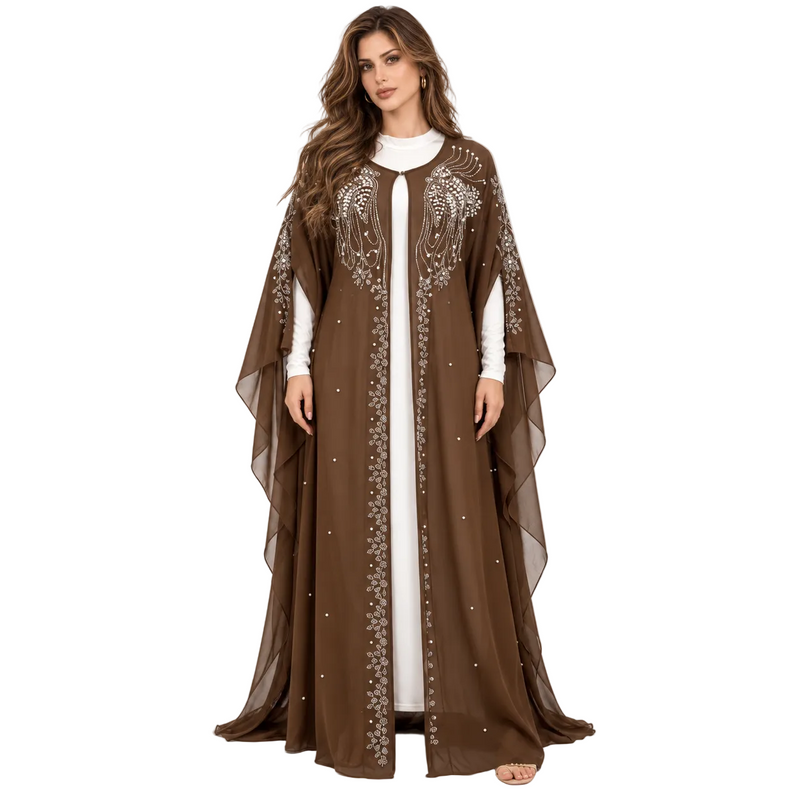 Elegant Coffee Embellished Flowing Kaftan Dress-1