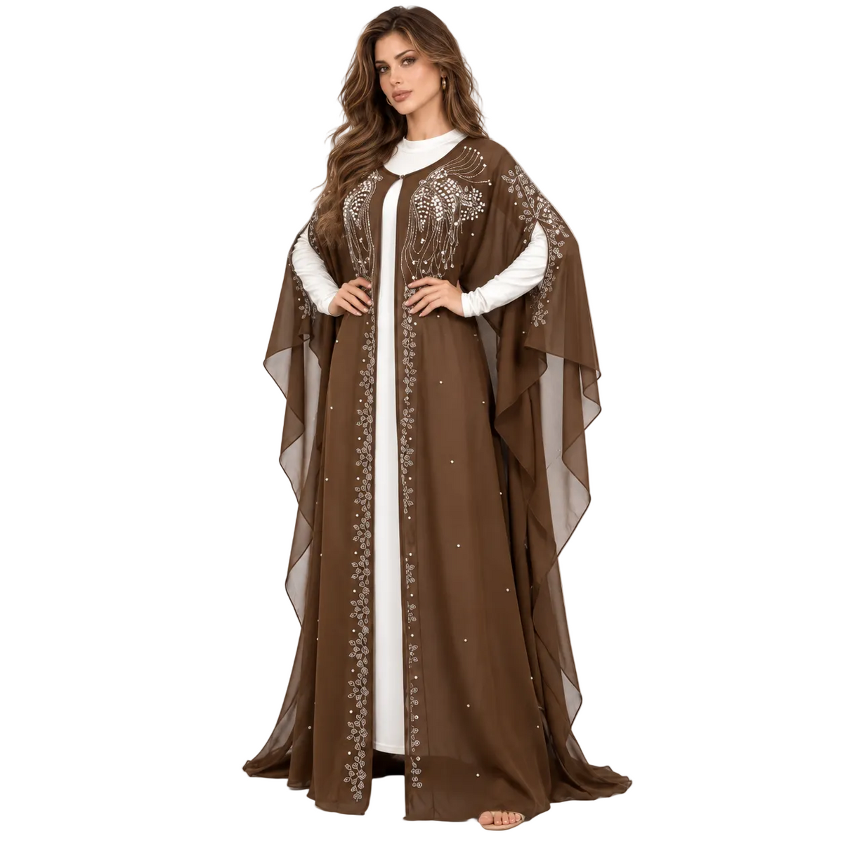 Elegant Coffee Embellished Flowing Kaftan Dress-3