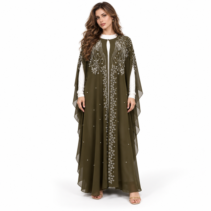 Green Embellished Chiffon Butterfly Sleeve Kaftan-1