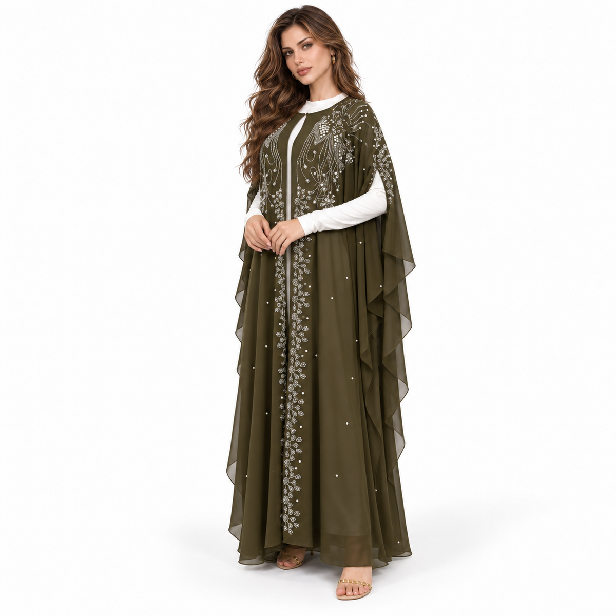Green Embellished Butterfly Sleeve Elegant Kaftan