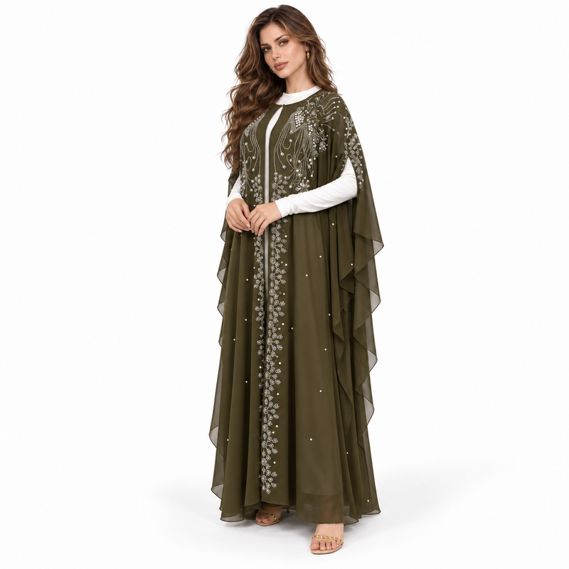 Green Embellished Chiffon Butterfly Sleeve Kaftan-2