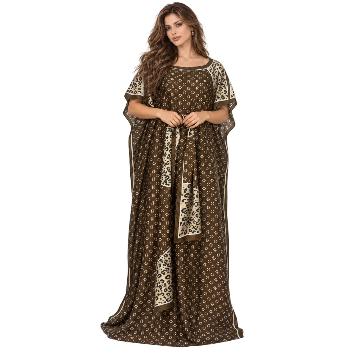 Brown Leopard Trim Printed Luxury Kaftan-1