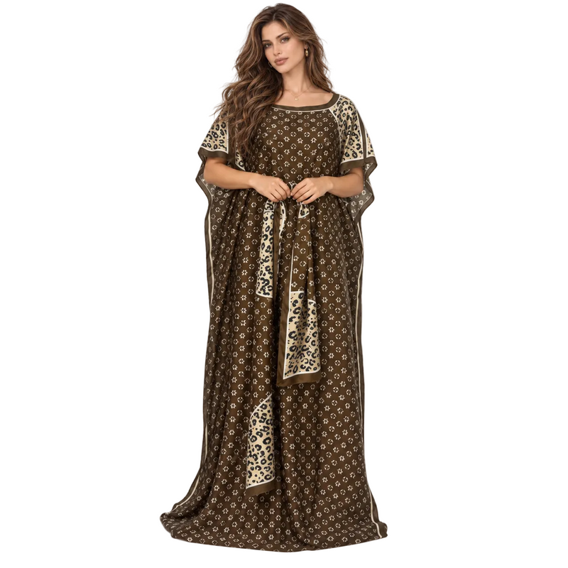 Brown Leopard Trim Printed Luxury Kaftan-1