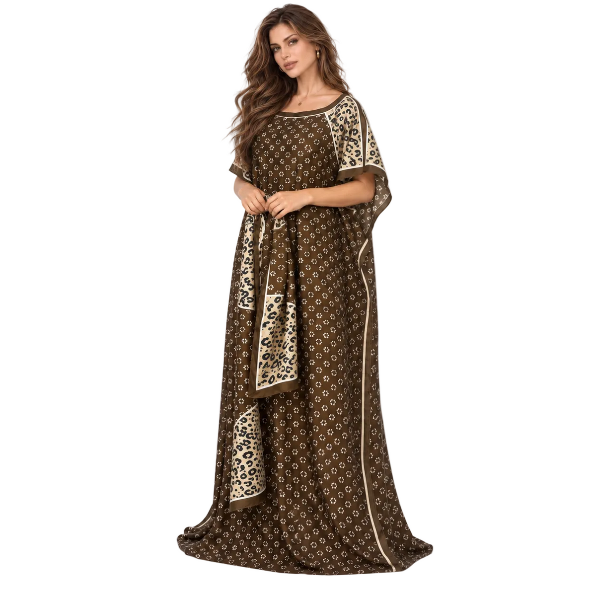 Brown Leopard Trim Printed Luxury Kaftan-3