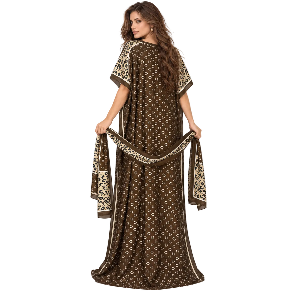Brown Leopard Trim Printed Luxury Kaftan-4