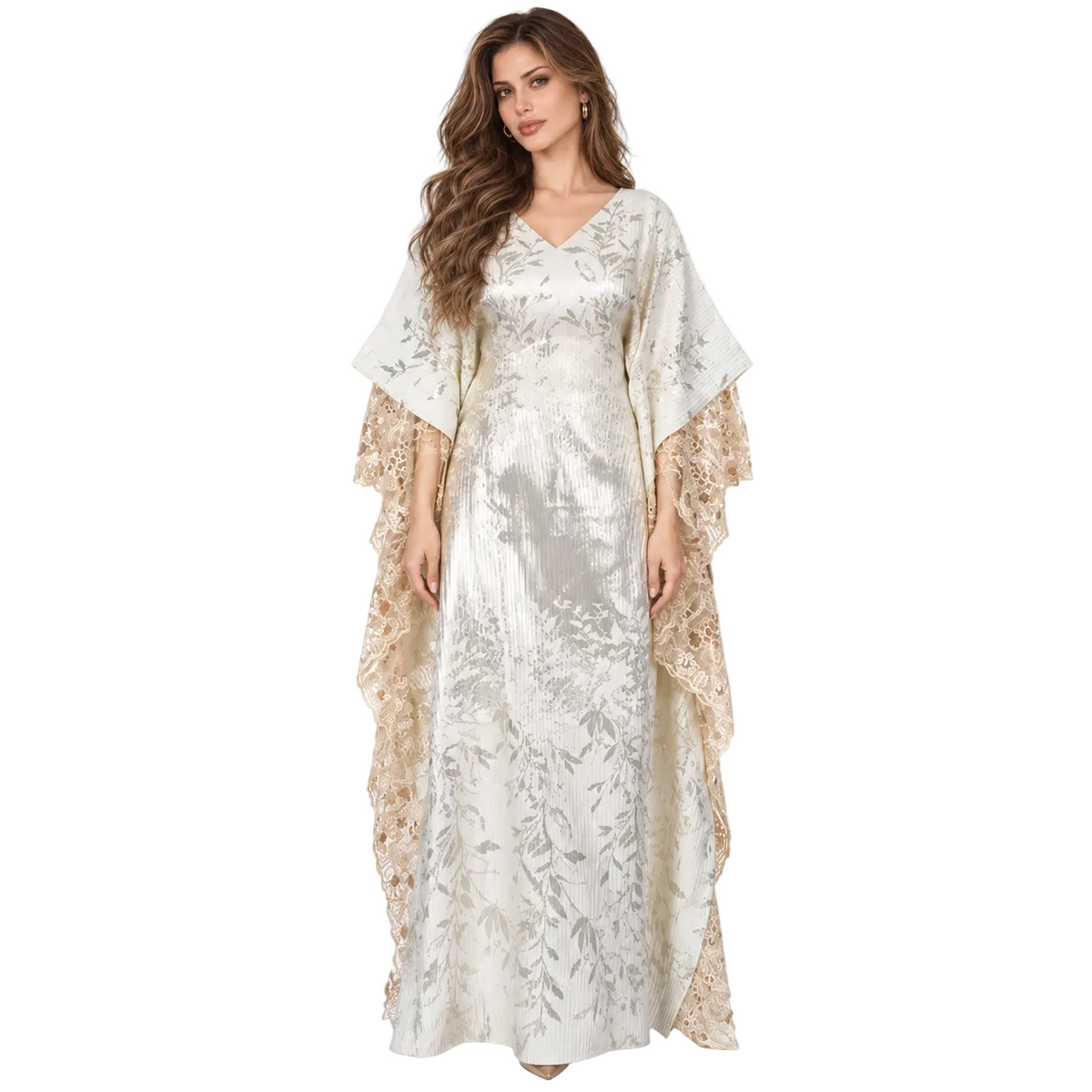 Elegant White Botanical Lace Kaftan Dress-1