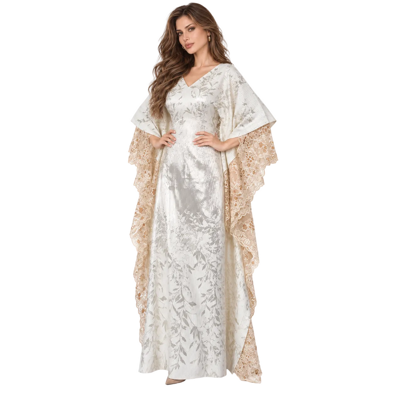 Elegant White Botanical Lace Kaftan Dress-2