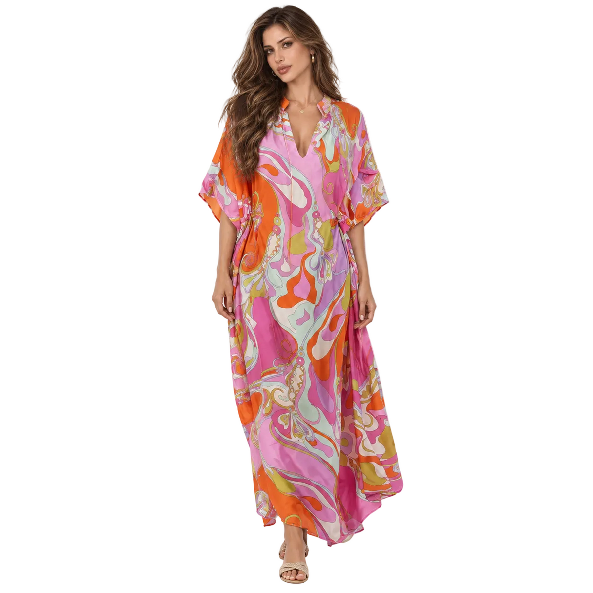 Pink Orange Swirl Print Elegant Kaftan