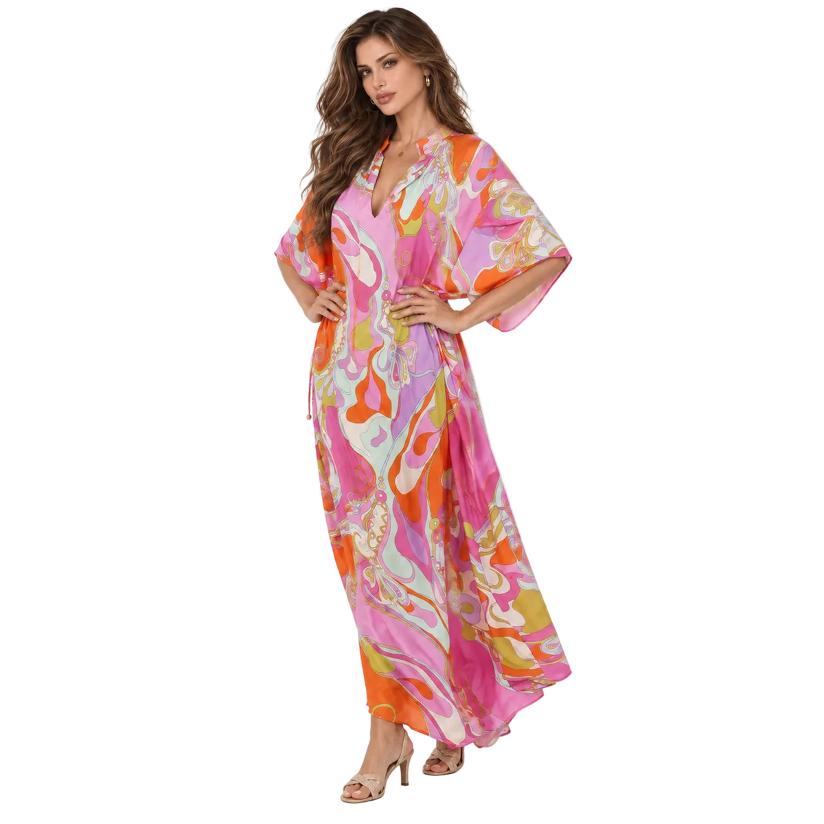 Pink Orange Swirl Print Elegant Kaftan
