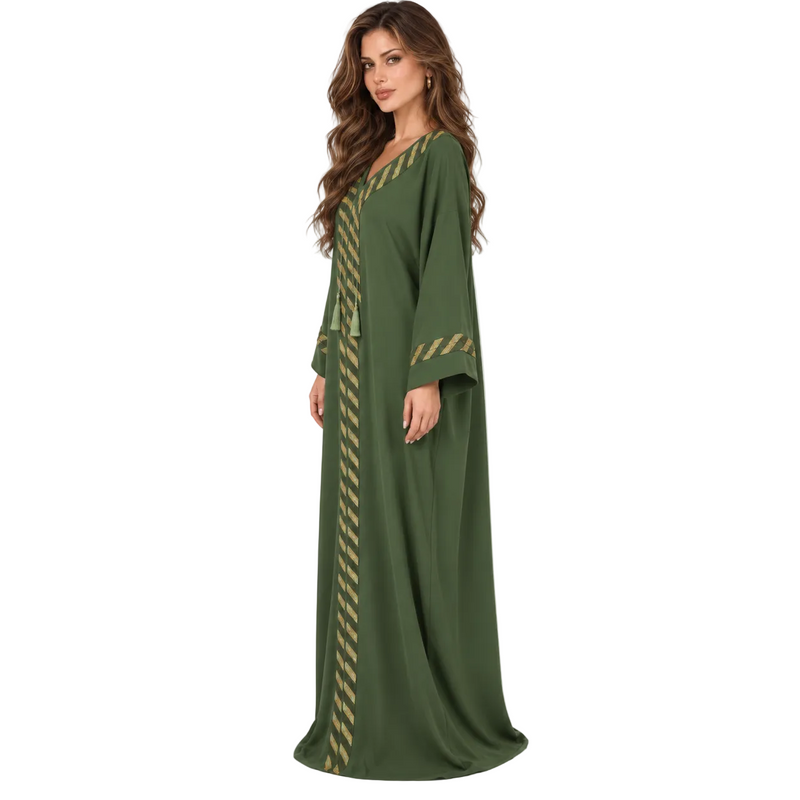 Elegant Olive Green Gold Trim Kaftan-3