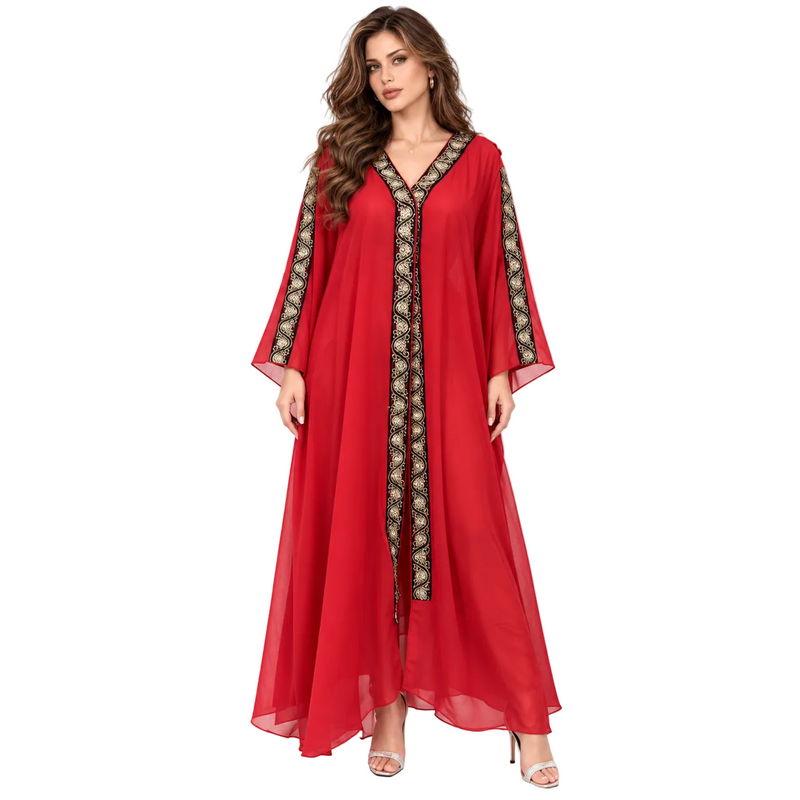 Red Gold Embroidered Chiffon Kaftan Dress-1