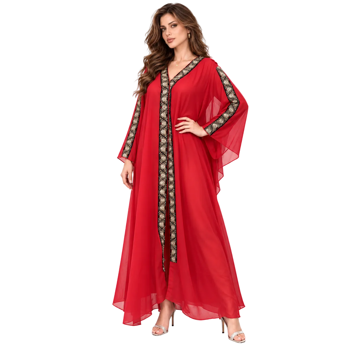 Red Gold Embroidered Chiffon Kaftan Dress-2