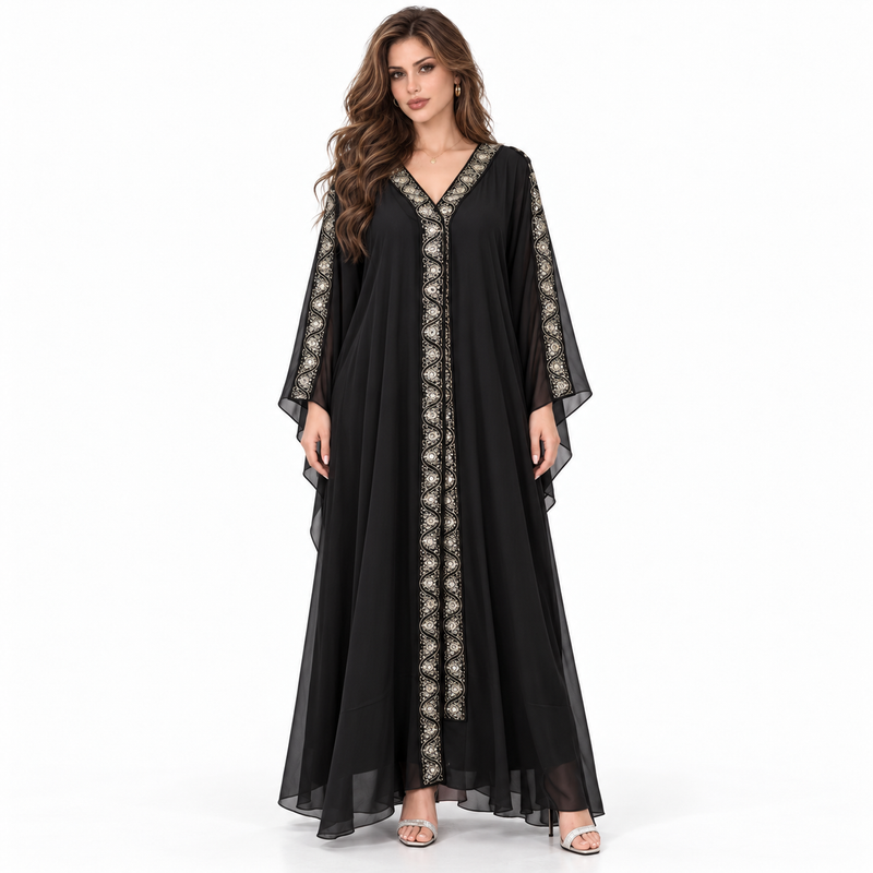 Elegant Black Embroidered Flowing Kaftan Dress-1