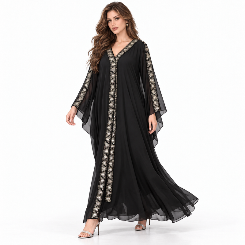 Elegant Black Embroidered Flowing Kaftan Dress-3
