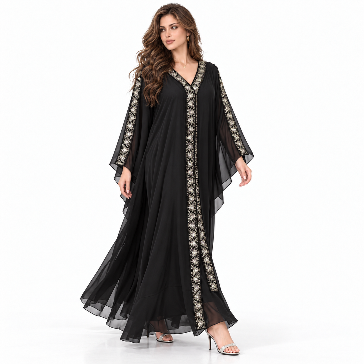 Elegant Black Embroidered Flowing Kaftan Dress-2