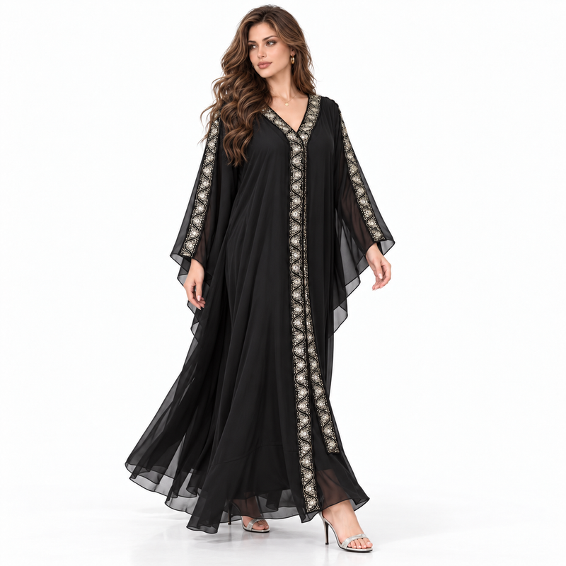 Elegant Black Embroidered Flowing Kaftan Dress-2