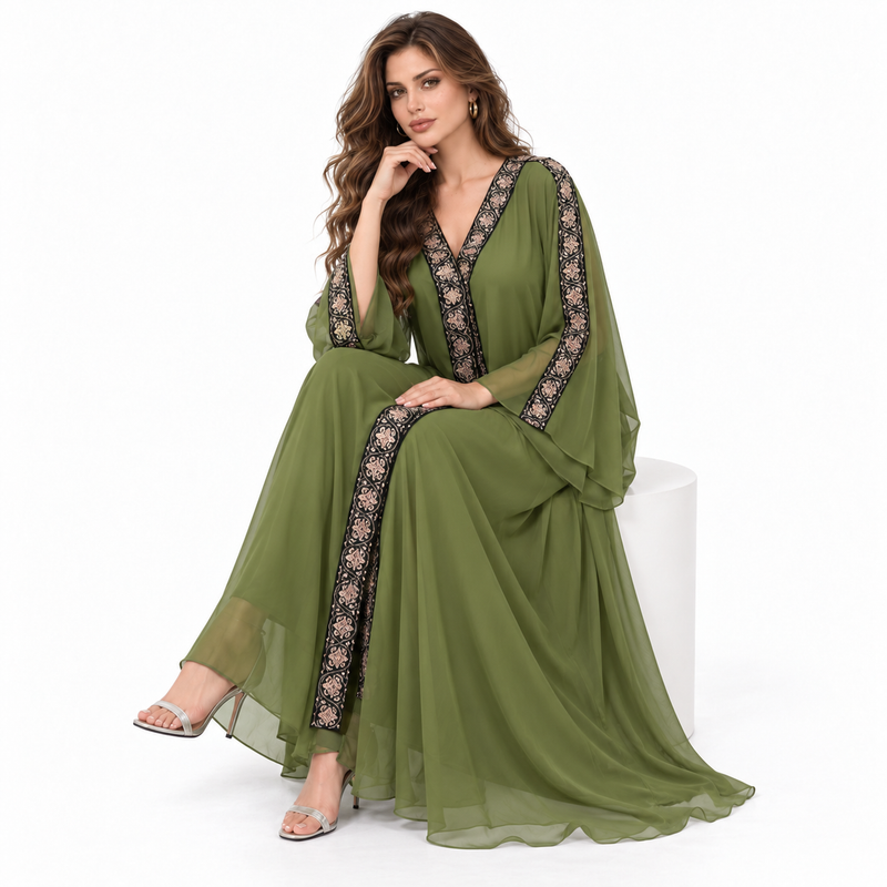 Green Embroidered Chiffon Hooded Kaftan Dress-2