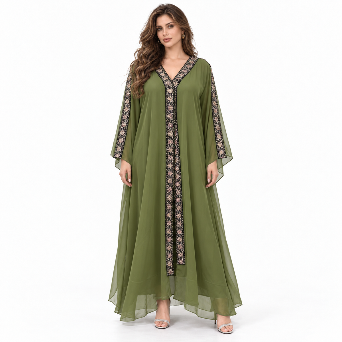 Green Embroidered Chiffon Hooded Kaftan Dress-1