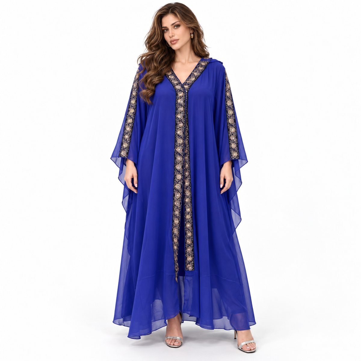 Elegant Royal Blue Embroidered Hooded Kaftan-1