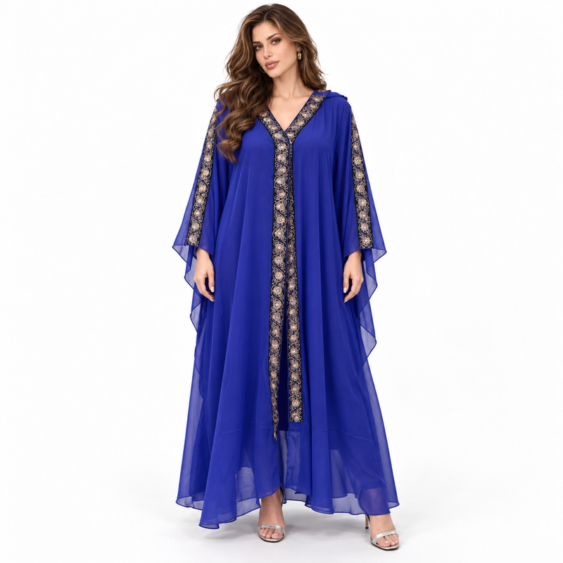 Elegant Royal Blue Embroidered Hooded Kaftan-1