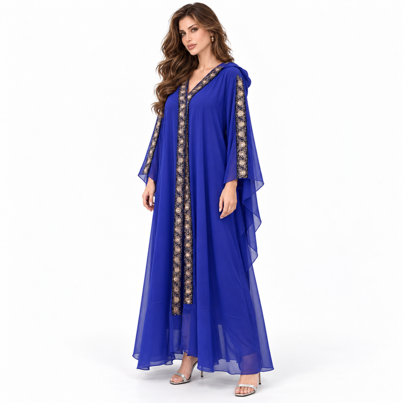 Elegant Royal Blue Embroidered Hooded Kaftan-3