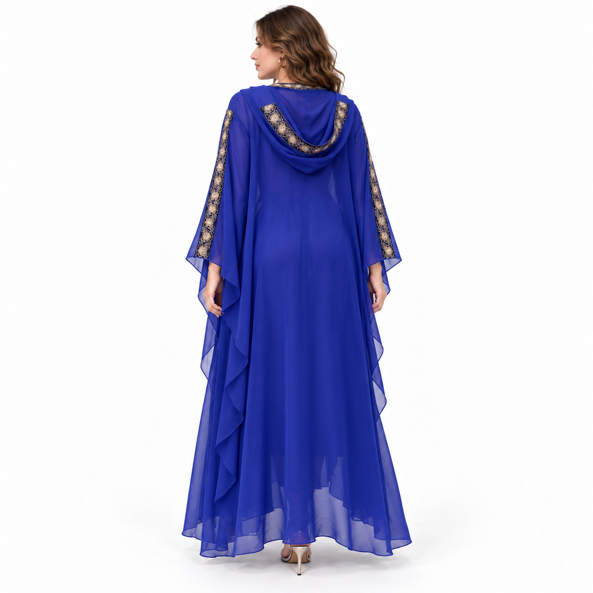Elegant Royal Blue Embroidered Hooded Kaftan-4