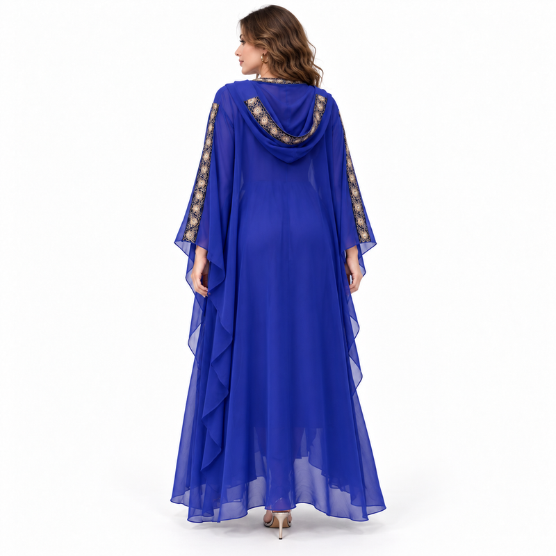 Elegant Royal Blue Embroidered Hooded Kaftan-4