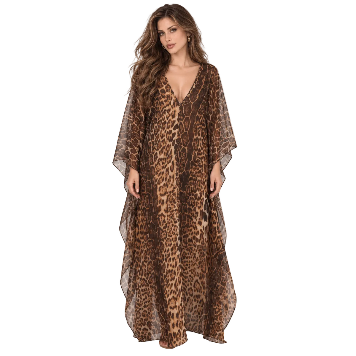 Elegant Brown Leopard Flowing Kaftan Dress-1