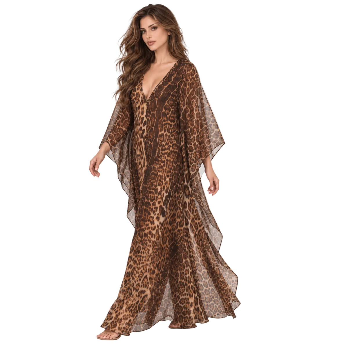 Elegant Brown Leopard Flowing Kaftan Dress-3