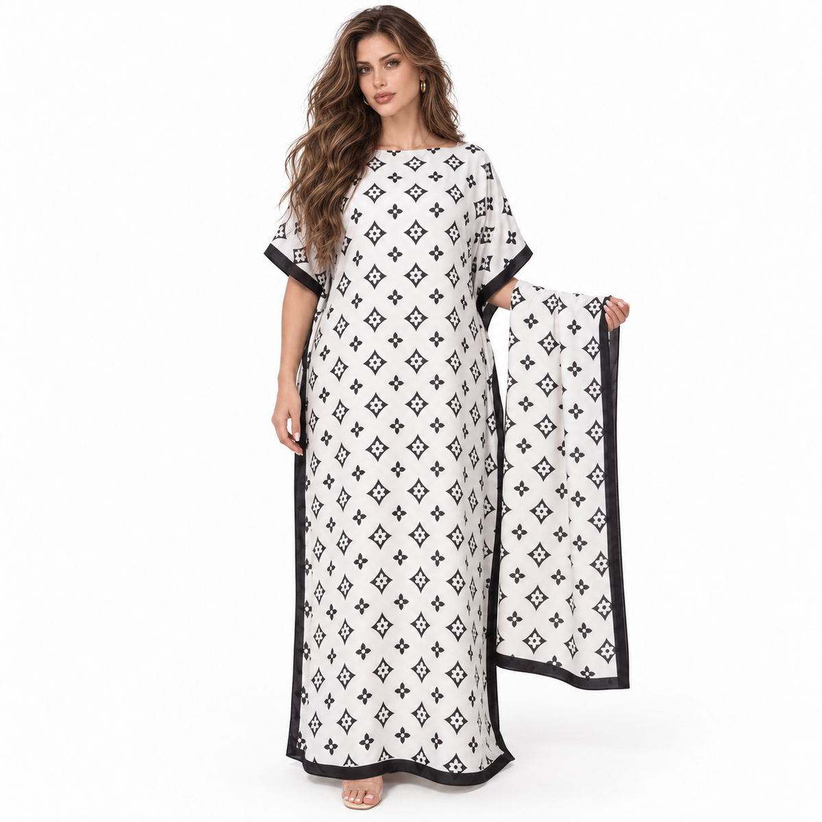Elegant White Monogram Stole Kaftan Dress-1