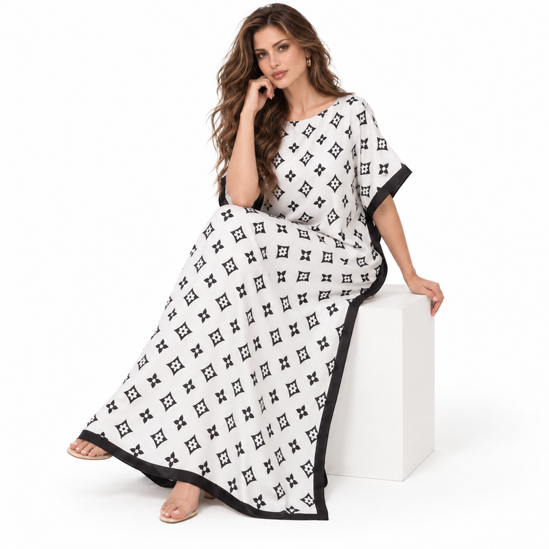 Elegant White Monogram Stole Kaftan Dress-3