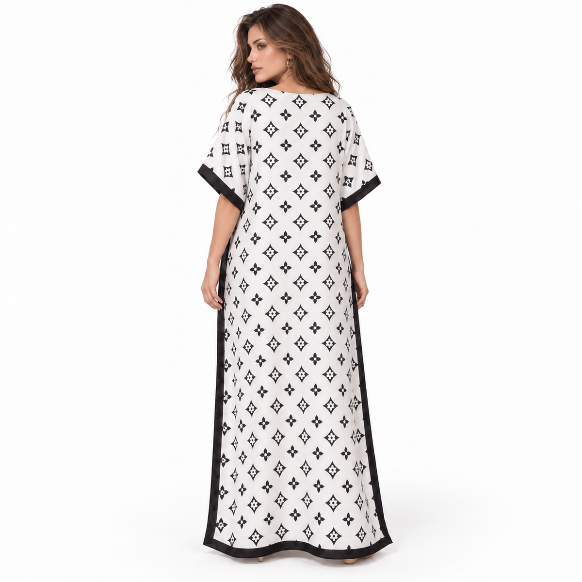 Elegant White Monogram Stole Kaftan Dress-4