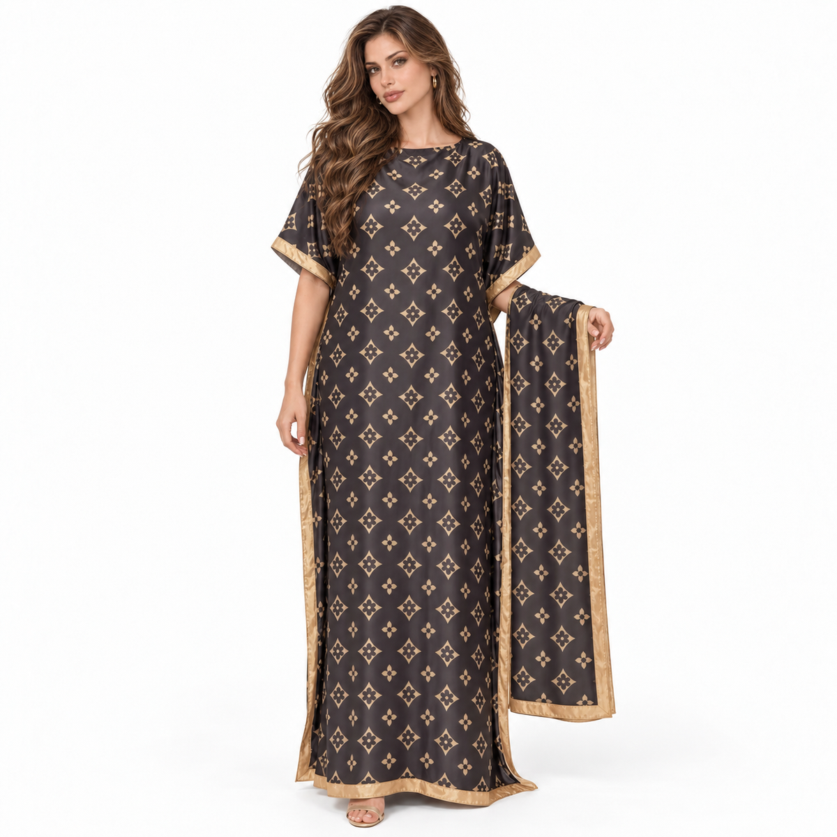 Brown Gold Print Stole Elegant Kaftan