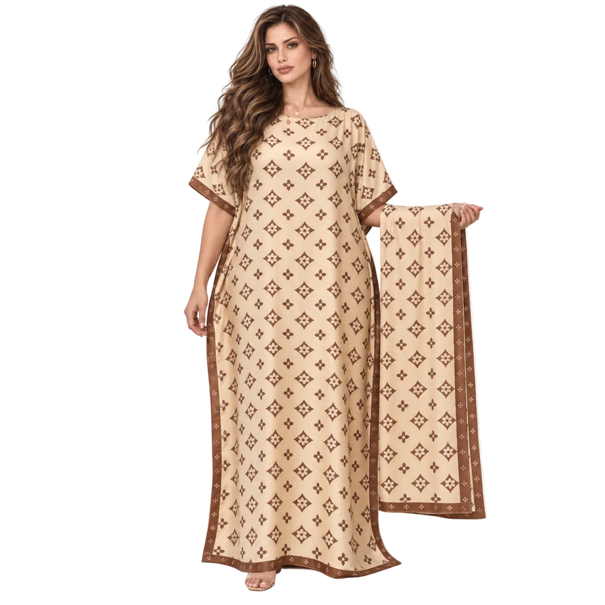 Khaki Geometric Print Stole Kaftan Dress-1
