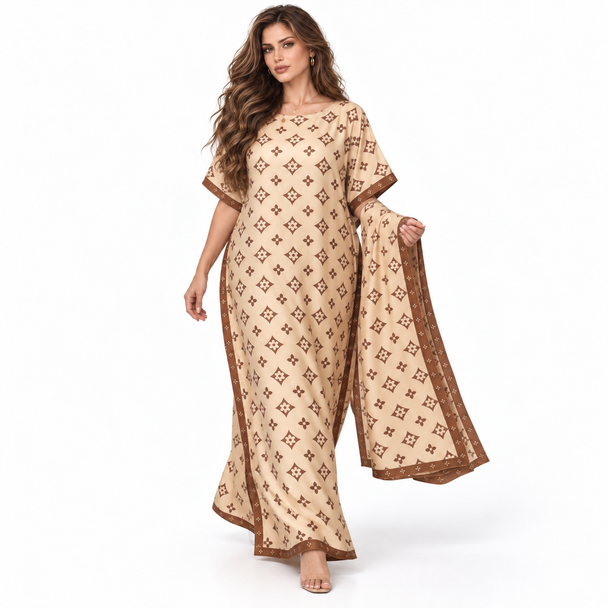 Khaki Geometric Print Stole Kaftan Dress-3