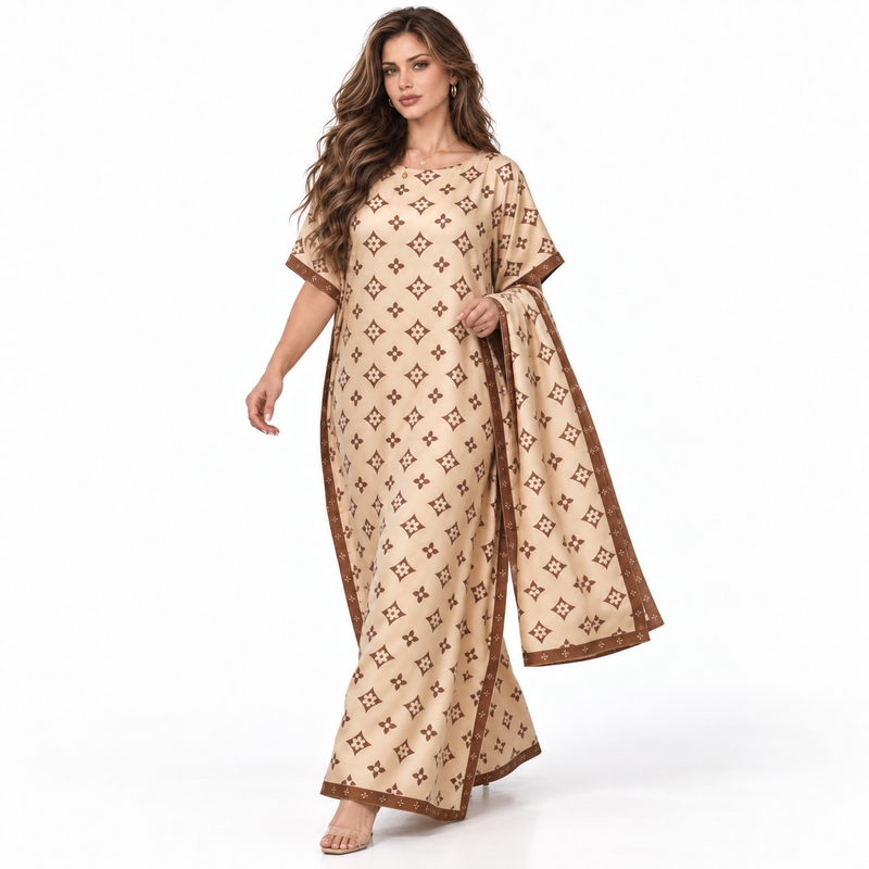 Khaki Geometric Print Stole Kaftan Dress-2