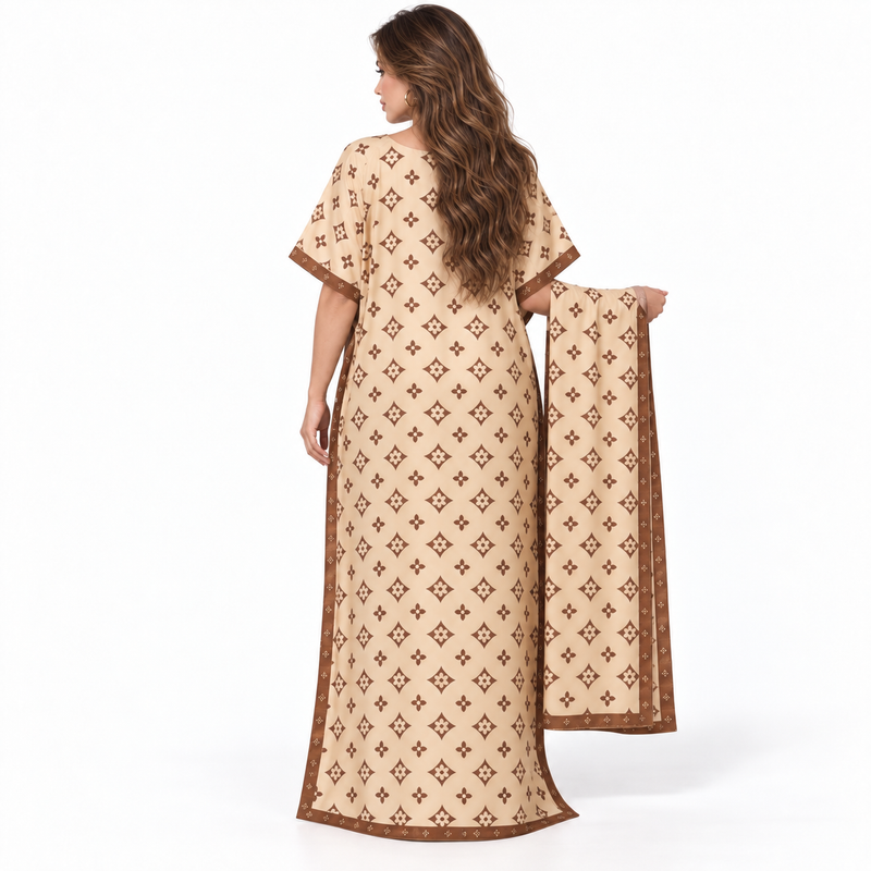 Khaki Geometric Print Stole Kaftan Dress-4