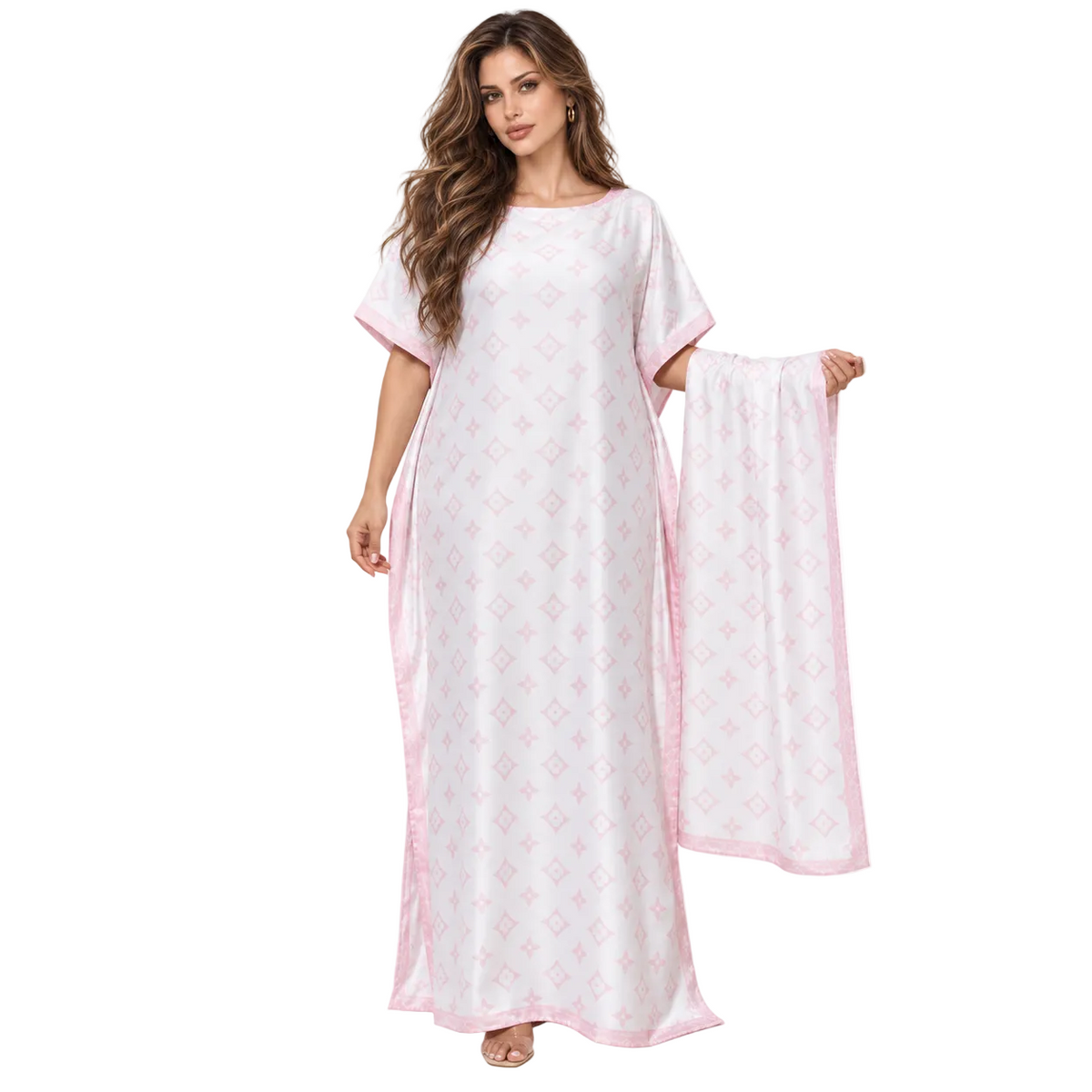 Elegant Pink Monogram Stole Kaftan Dress-1