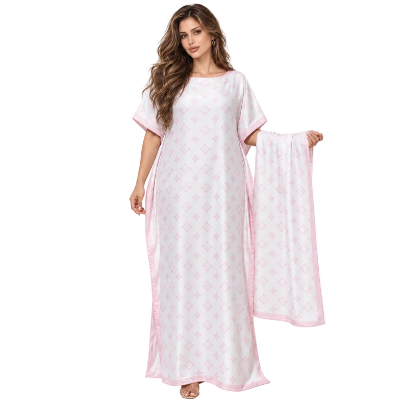 Elegant Pink Monogram Stole Kaftan Dress-1
