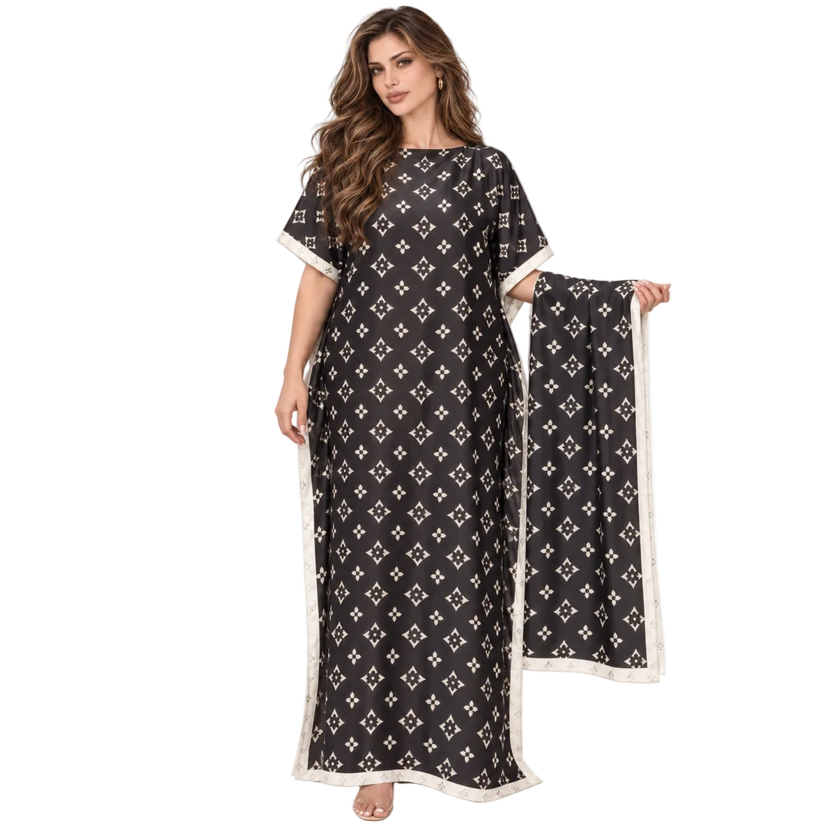 Elegant Black Monogram Stole Kaftan Dress-1