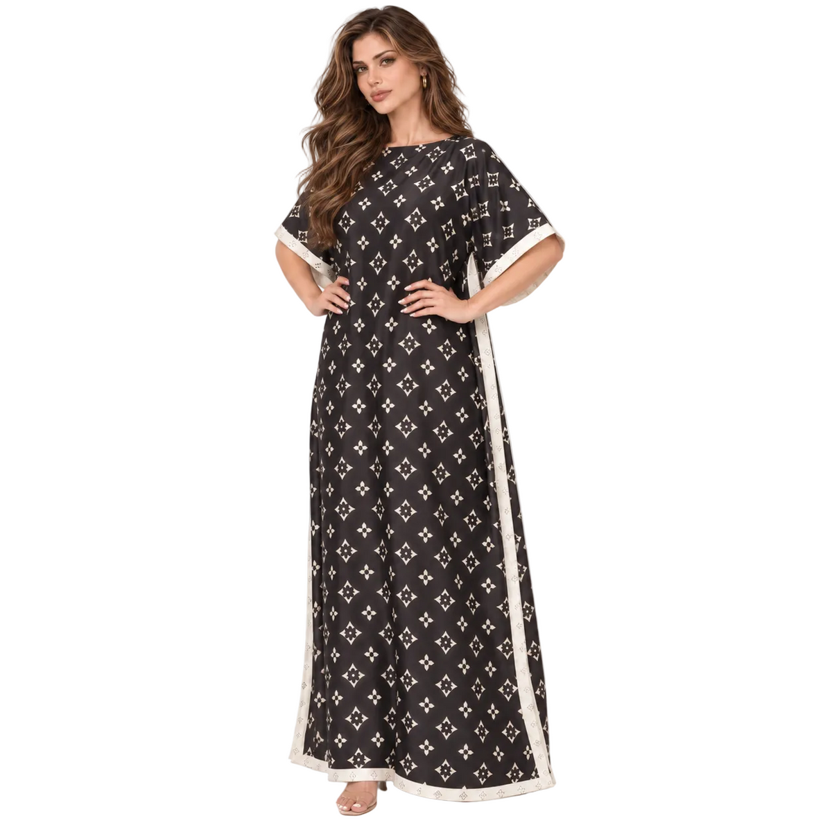 Elegant Black Monogram Stole Kaftan Dress-2
