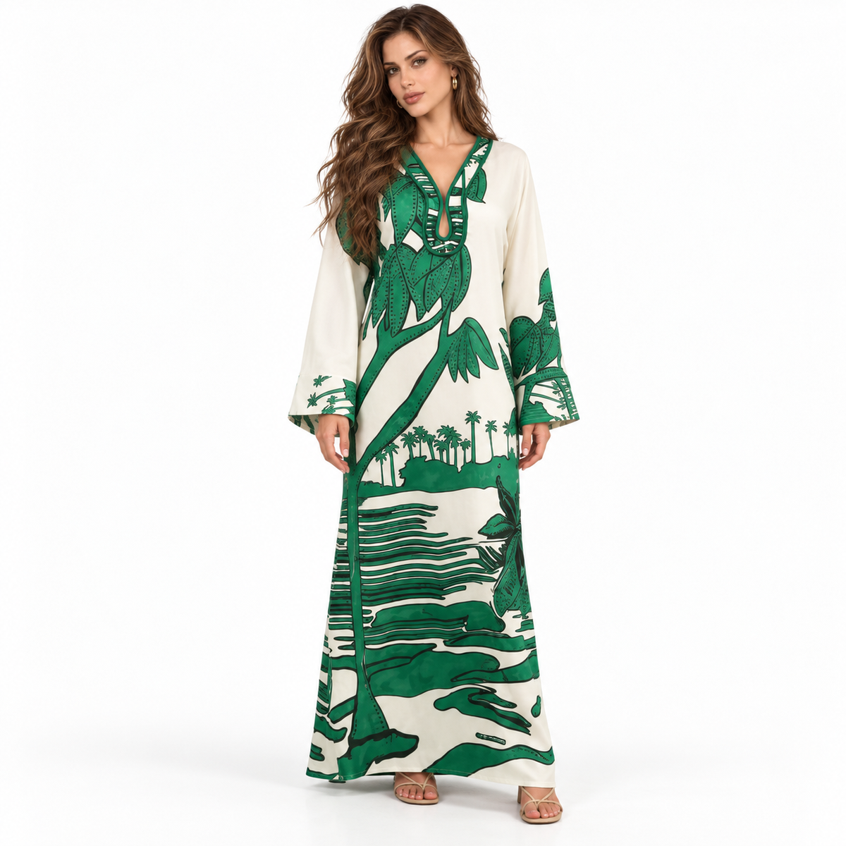 Green Tropical Print Full Length Kaftan-1